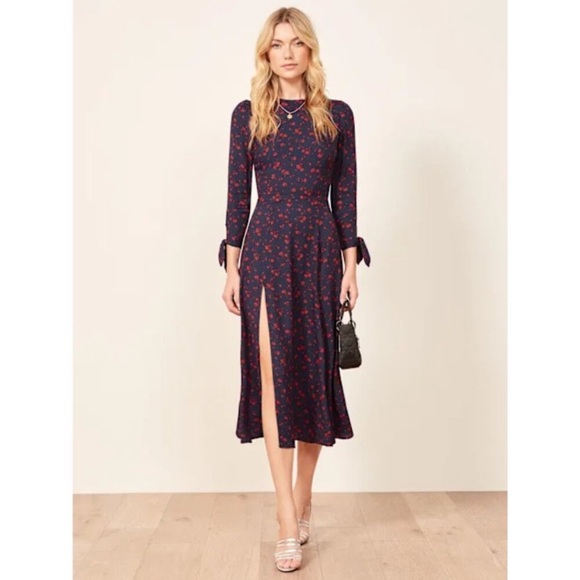 Reformation Zelda Anaheim Poppy Blue and Red Midi Long Sleeve Slit Dress Size 2 - Picture 1 of 12
